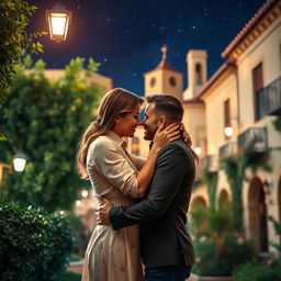 A passionate and intimate scene featuring a couple embracing in a romantic Spanish setting