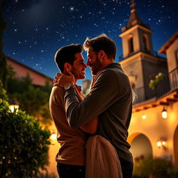 A passionate and intimate scene featuring a couple embracing in a romantic Spanish setting