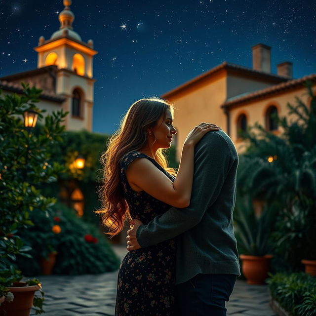 A passionate and intimate scene featuring a couple embracing in a romantic Spanish setting