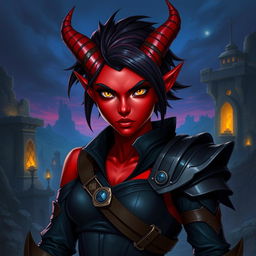 A dynamic female tiefling with bold red skin and stylish short hair, featuring a mix of dark and vibrant shades
