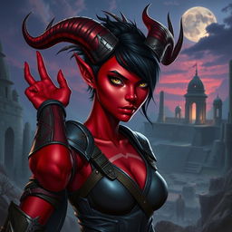 A dynamic female tiefling with bold red skin and stylish short hair, featuring a mix of dark and vibrant shades