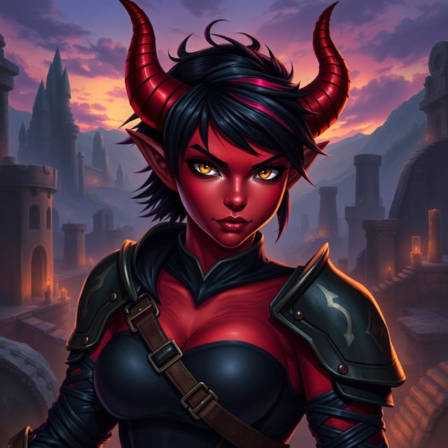 A dynamic female tiefling with bold red skin and stylish short hair, featuring a mix of dark and vibrant shades