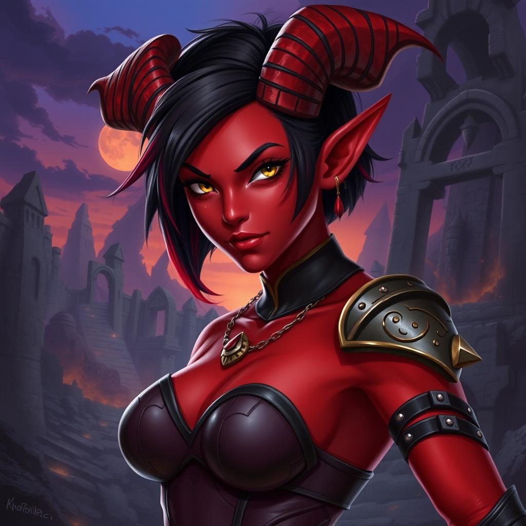 A dynamic female tiefling with bold red skin and stylish short hair, featuring a mix of dark and vibrant shades