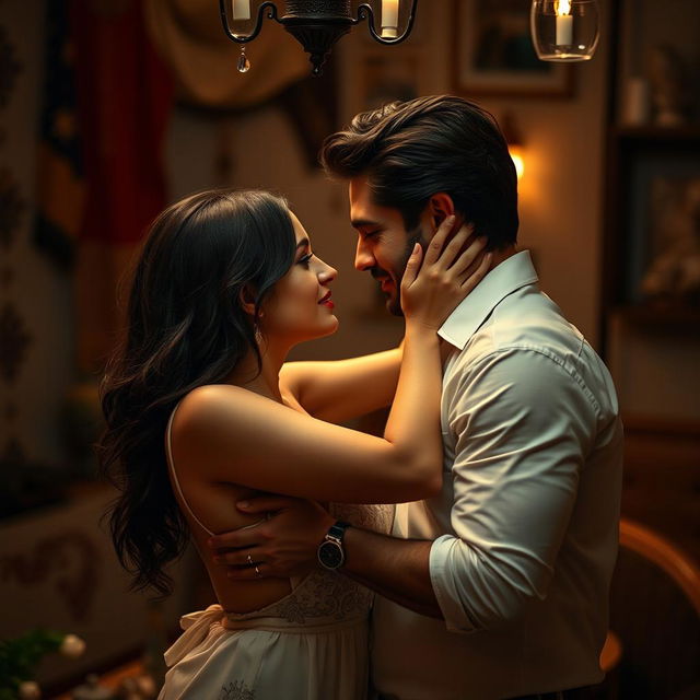 A sensual and intimate scene depicting a passionate moment between two adults in a romantic Spanish setting