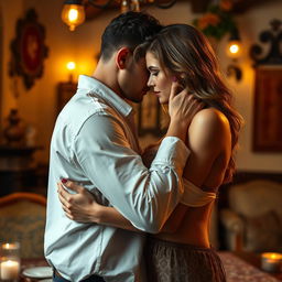 A sensual and intimate scene depicting a passionate moment between two adults in a romantic Spanish setting
