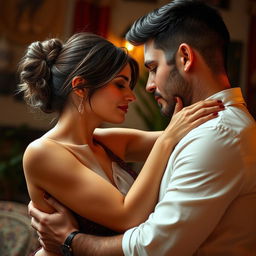 A sensual and intimate scene depicting a passionate moment between two adults in a romantic Spanish setting