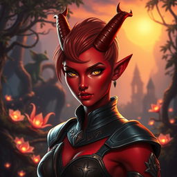 A captivating female tiefling with striking red skin and chic short hair, embodying both elegance and strength