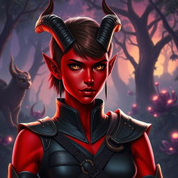 A captivating female tiefling with striking red skin and chic short hair, embodying both elegance and strength