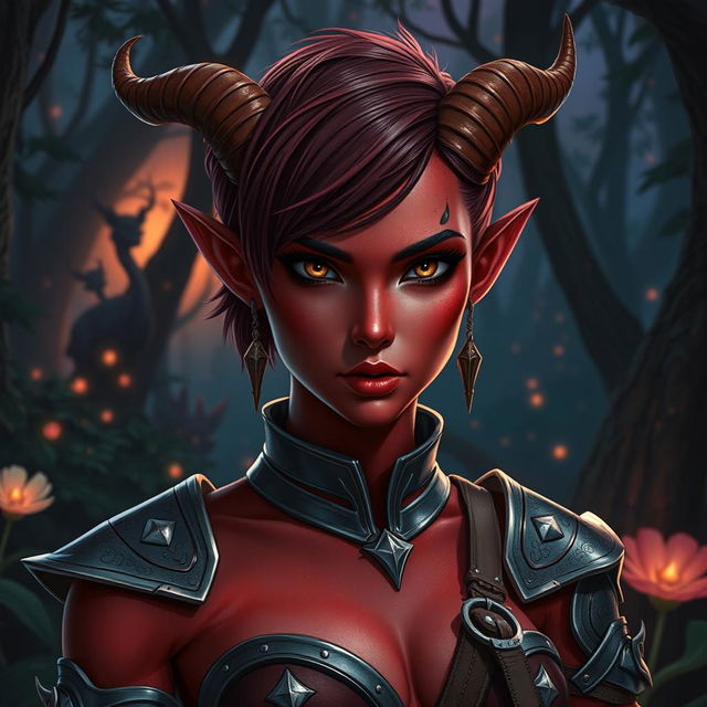 A captivating female tiefling with striking red skin and chic short hair, embodying both elegance and strength