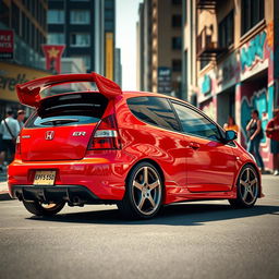A vibrant and dynamic scene featuring a 2005 Honda EP3 Type R, showcasing its sleek and sporty design