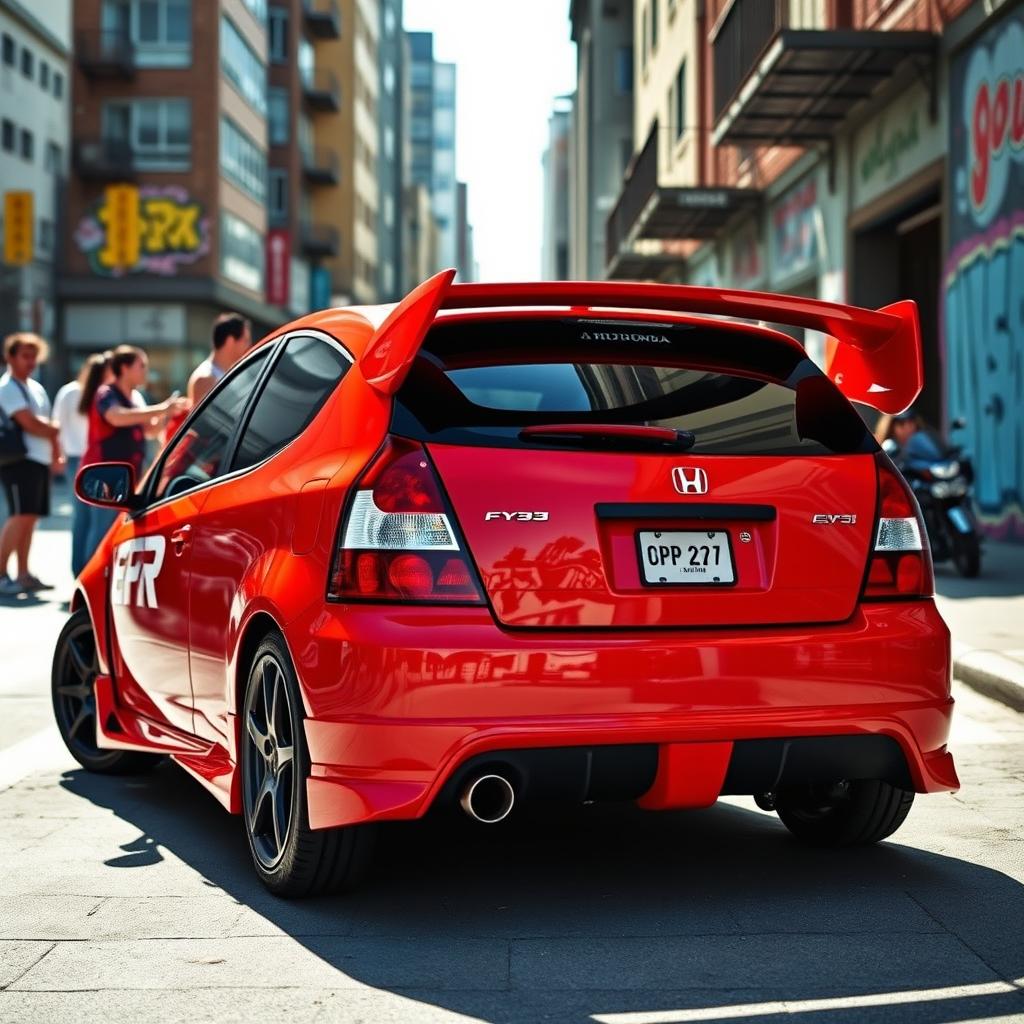 A vibrant and dynamic scene featuring a 2005 Honda EP3 Type R, showcasing its sleek and sporty design