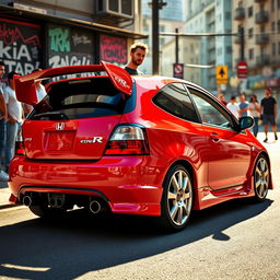 A vibrant and dynamic scene featuring a 2005 Honda EP3 Type R, showcasing its sleek and sporty design
