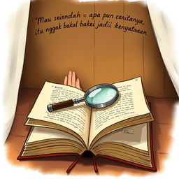 An open book with a magnifying glass resting on top, symbolizing a quest for meaning in fiction versus reality
