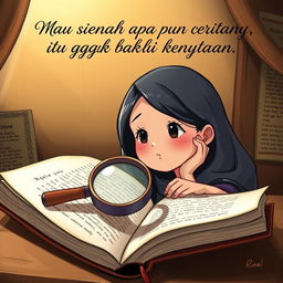 An open book with a magnifying glass resting on top, symbolizing a quest for meaning in fiction versus reality