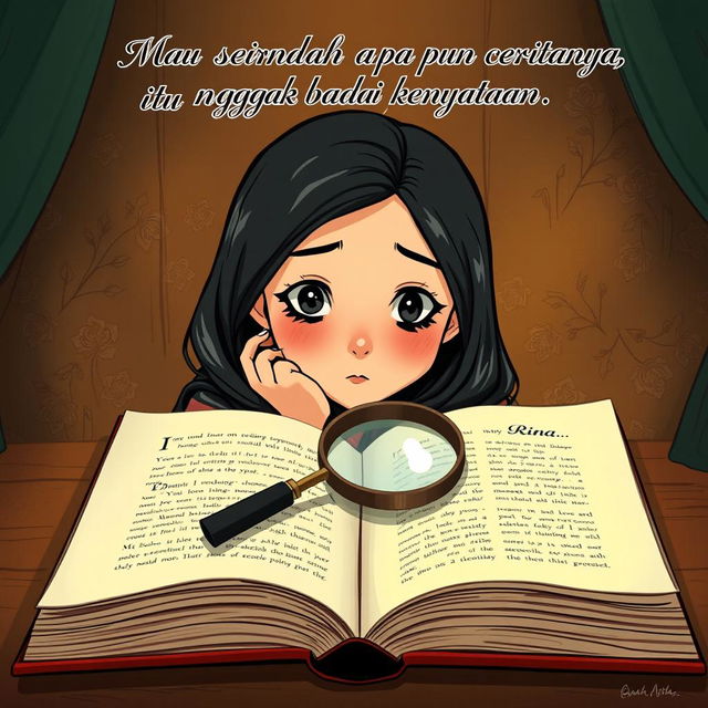 An open book with a magnifying glass resting on top, symbolizing a quest for meaning in fiction versus reality