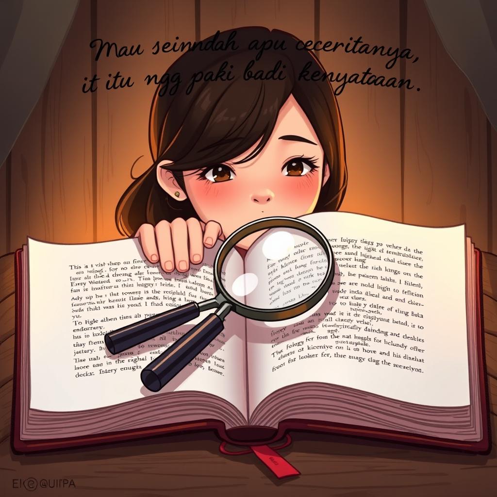 An open book with a magnifying glass resting on top, symbolizing a quest for meaning in fiction versus reality