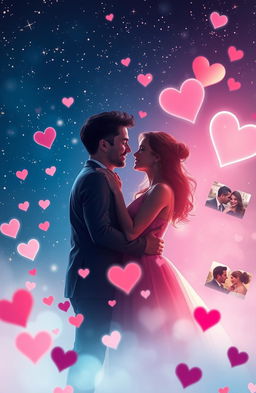 An artistic representation of the glorification of romance as depicted in media, featuring a romantic couple sharing an intimate moment under a starry night sky filled with twinkling stars and soft, glowing lights