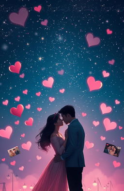 An artistic representation of the glorification of romance as depicted in media, featuring a romantic couple sharing an intimate moment under a starry night sky filled with twinkling stars and soft, glowing lights