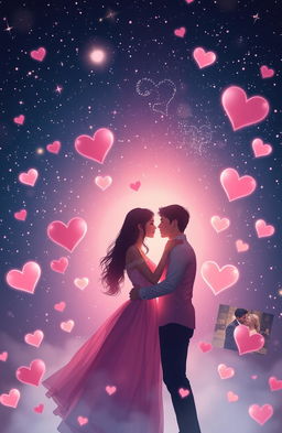 An artistic representation of the glorification of romance as depicted in media, featuring a romantic couple sharing an intimate moment under a starry night sky filled with twinkling stars and soft, glowing lights