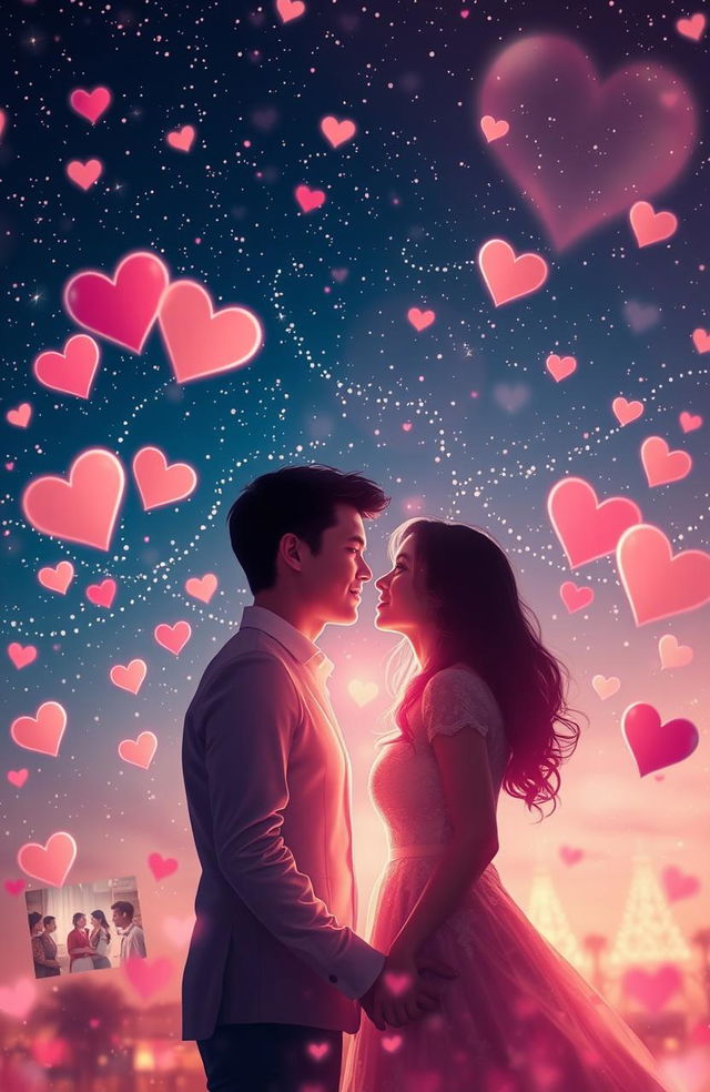 An artistic representation of the glorification of romance as depicted in media, featuring a romantic couple sharing an intimate moment under a starry night sky filled with twinkling stars and soft, glowing lights