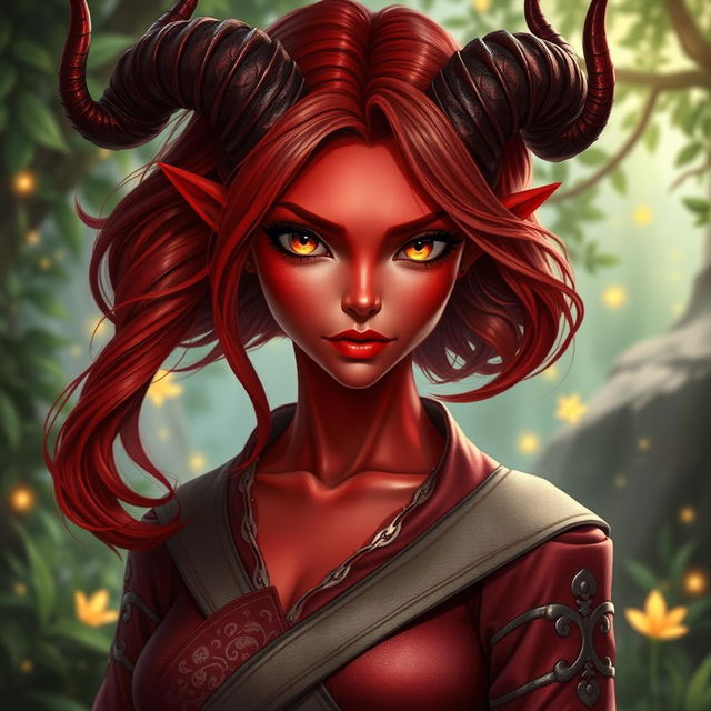 An enchanting female tiefling with vivid red skin and flowing shoulder-length hair that is styled with soft waves