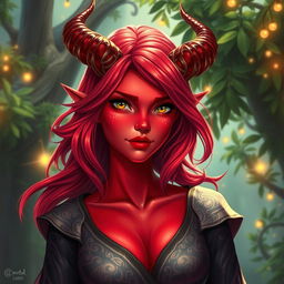 An enchanting female tiefling with vivid red skin and flowing shoulder-length hair that is styled with soft waves