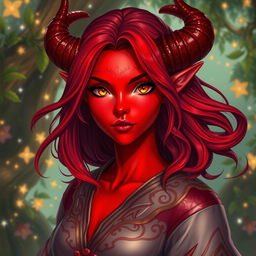An enchanting female tiefling with vivid red skin and flowing shoulder-length hair that is styled with soft waves