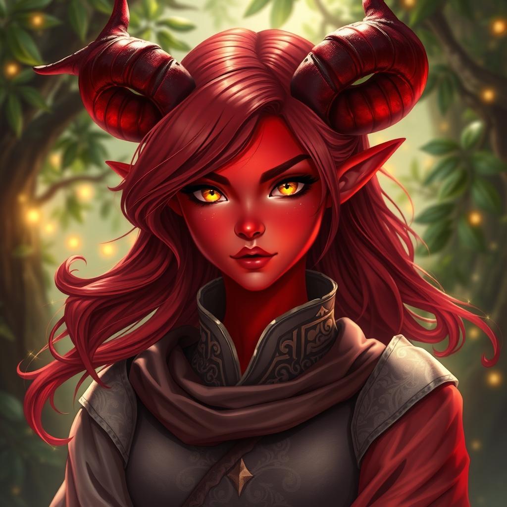 An enchanting female tiefling with vivid red skin and flowing shoulder-length hair that is styled with soft waves