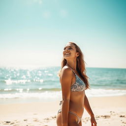 A young woman on a sandy beach in a stylish swimsuit, gazing upwards with a bright smile