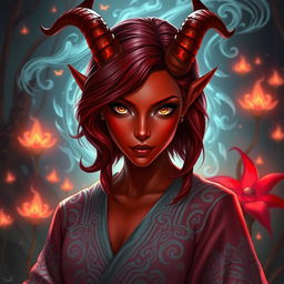 A striking female tiefling with vibrant red skin and beautiful shoulder-length hair styled in soft waves