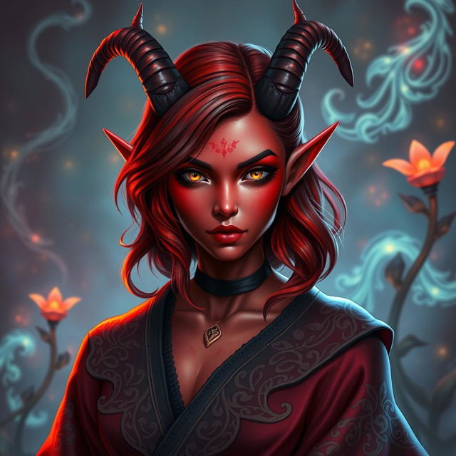 A striking female tiefling with vibrant red skin and beautiful shoulder-length hair styled in soft waves