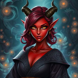 A striking female tiefling with vibrant red skin and beautiful shoulder-length hair styled in soft waves