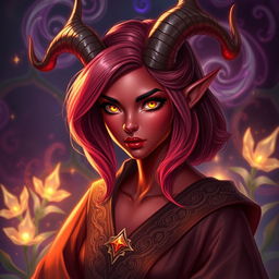 A striking female tiefling with vibrant red skin and beautiful shoulder-length hair styled in soft waves