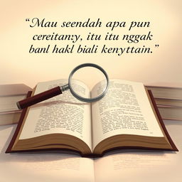 An open book with a magnifying glass placed on top, representing Rina's search for meaning between fiction and reality