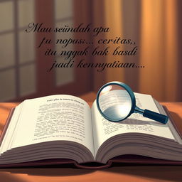An open book with a magnifying glass placed on top, representing Rina's search for meaning between fiction and reality