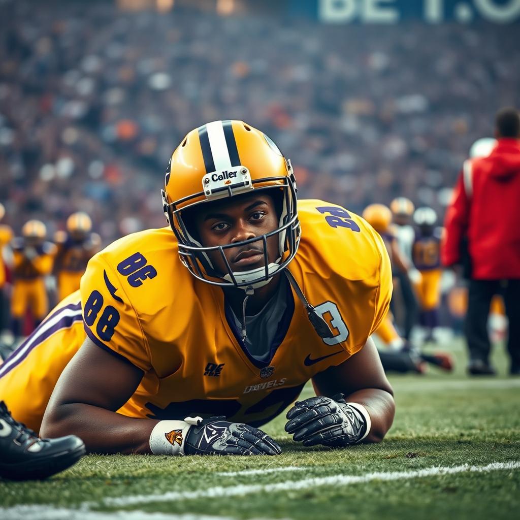 A dramatic and intense scene featuring Jayden Daniels, an American football player, lying on the ground after sustaining an injury during a game