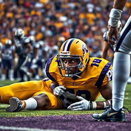 A dramatic and intense scene featuring Jayden Daniels, an American football player, lying on the ground after sustaining an injury during a game