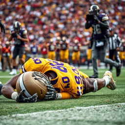 A dramatic and intense scene featuring Jayden Daniels, an American football player, lying on the ground after sustaining an injury during a game