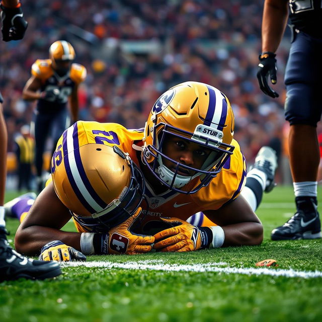 A dramatic and intense scene featuring Jayden Daniels, an American football player, lying on the ground after sustaining an injury during a game