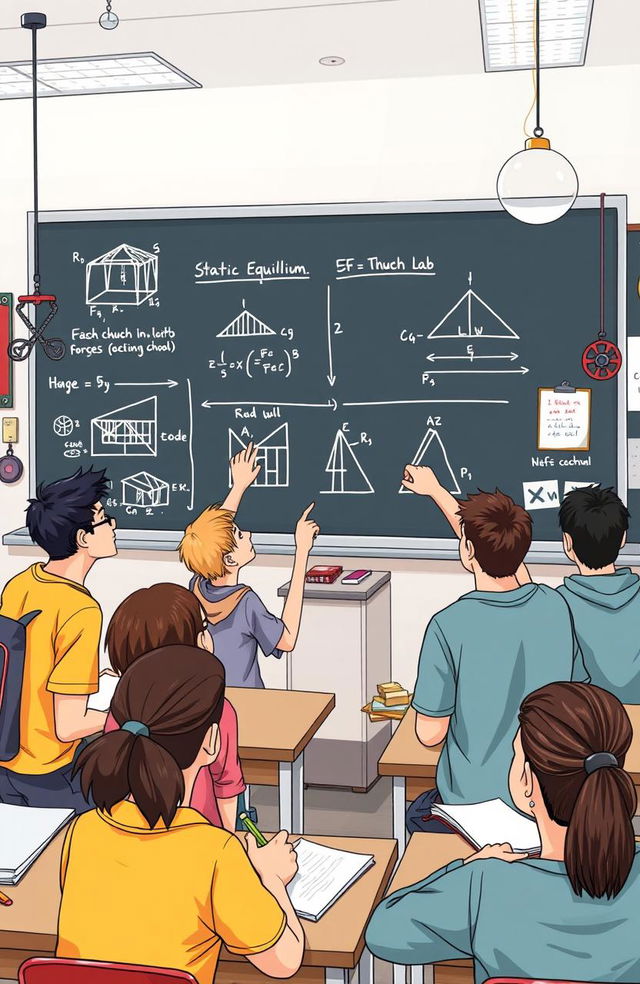 Illustration depicting a high school physics class scene, focusing on the concept of statics