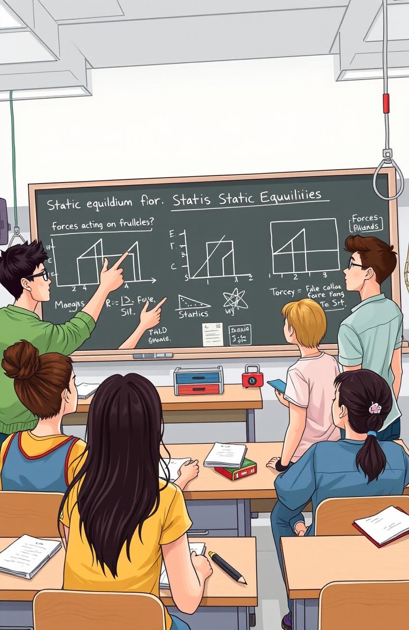 Illustration depicting a high school physics class scene, focusing on the concept of statics