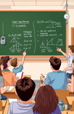 Illustration depicting a high school physics class scene, focusing on the concept of statics