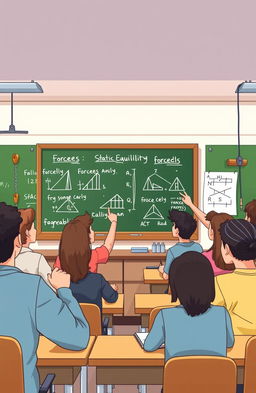 Illustration depicting a high school physics class scene, focusing on the concept of statics