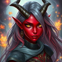A stunning female tiefling with vibrant red skin and striking shoulder-length ash-colored hair that flows elegantly around her face