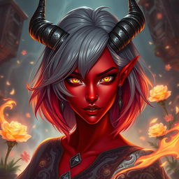 A stunning female tiefling with vibrant red skin and striking shoulder-length ash-colored hair that flows elegantly around her face