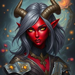 A stunning female tiefling with vibrant red skin and striking shoulder-length ash-colored hair that flows elegantly around her face