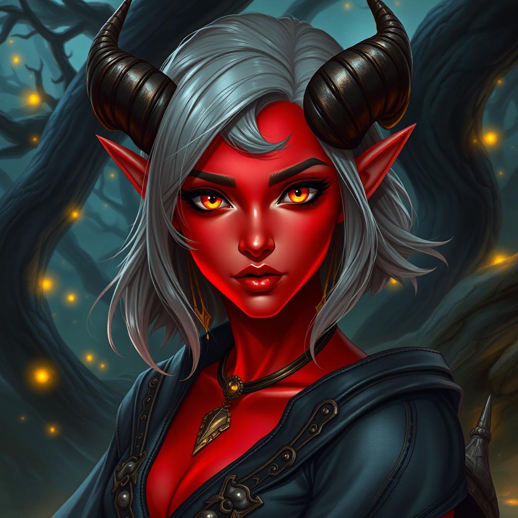 A captivating female tiefling with radiant red skin and striking yellow eyes that gleam with intelligence