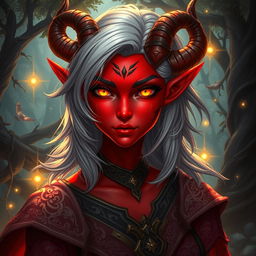 A captivating female tiefling with radiant red skin and striking yellow eyes that gleam with intelligence