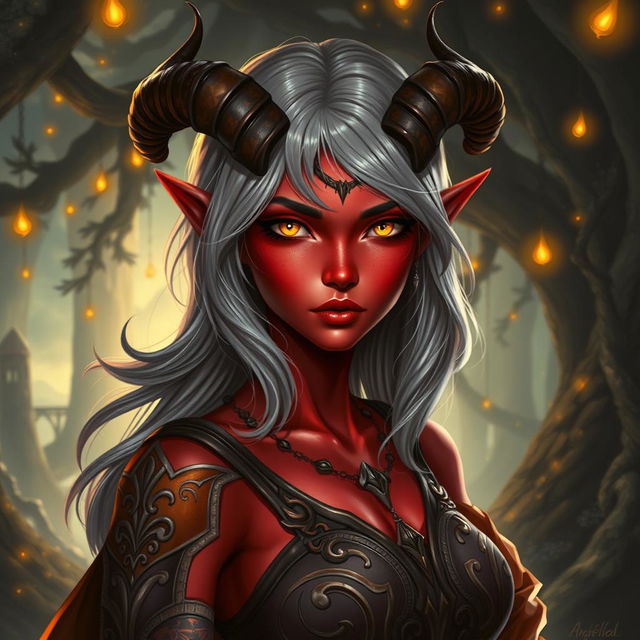 A captivating female tiefling with radiant red skin and striking yellow eyes that gleam with intelligence