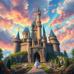 A majestic castle in a fantastical world inspired by a book, surrounded by a vibrant, colorful sky that seems to invite Rina to enter the fictional realm